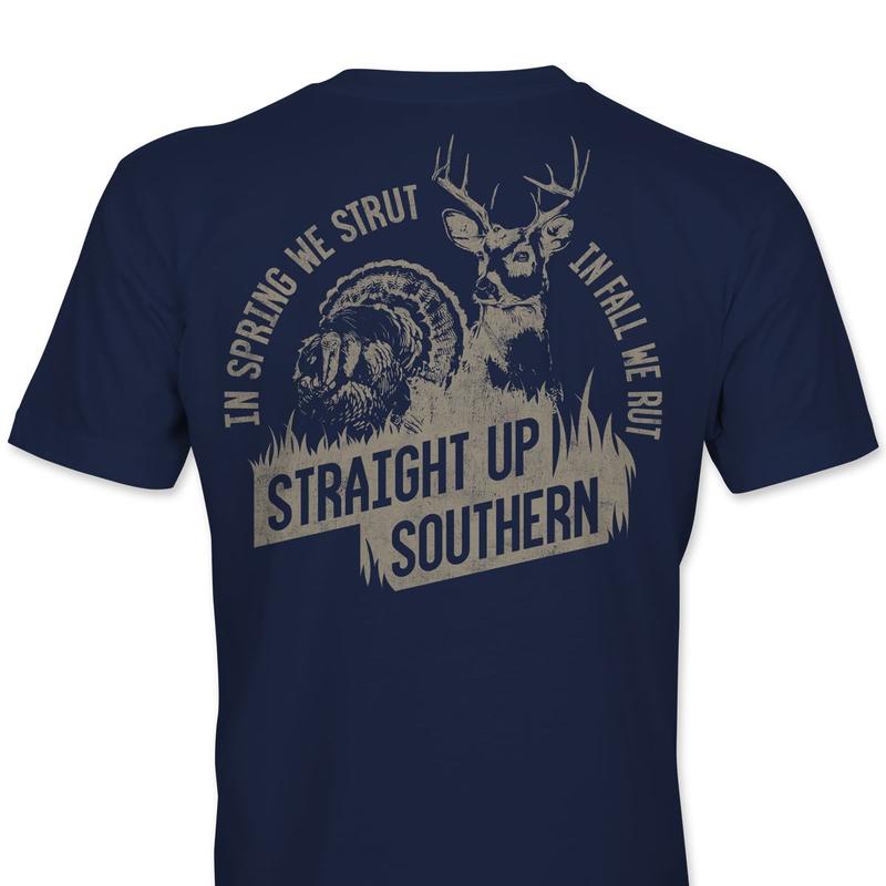 Strut and Rut - Turkey and Whitetail Buck Hunting T-Shirt - Navy Classic Collar