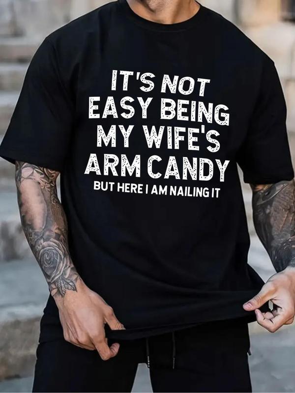 Men's Regular Fit Letter Graphic Print Round Neck Short Sleeve Tee Summer Clothes, Casual Streetwear Soft Comfortable Crewneck T-shirt for Summer, Men