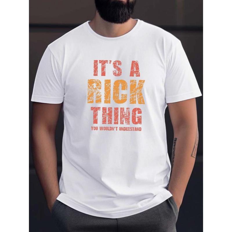 Rick Name Personalized Geometric Print T-Shirt for Men - Crew Neck Casual Tee with Slight Stretch, Summer Knit Fabric Short Sleeve Shirt for Adults Ma