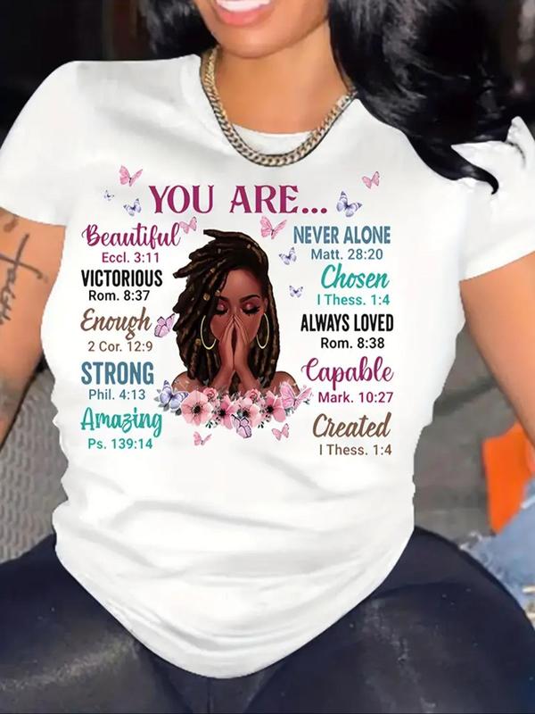 Women's Figure & Letter Print Round Neck Tee, Fashion Casual Crew NeckÂ Short SleeveÂ T-Shirt for Daily Holiday Vacation Outdoor Wear, Ladies Summer Clo