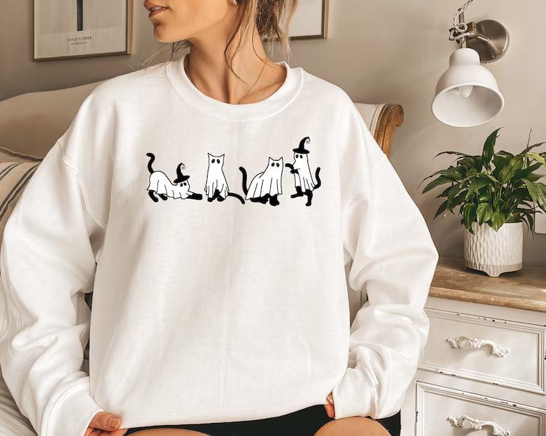 Halloween Ghost Cat Sweatshirt, Halloween Sweatshirt, Cat Sweatshirt, Ghost Shirt,Black Cat Shirt, 2024 Spooky Seas, Cool Halloween Cat Shirt, Cat Lov