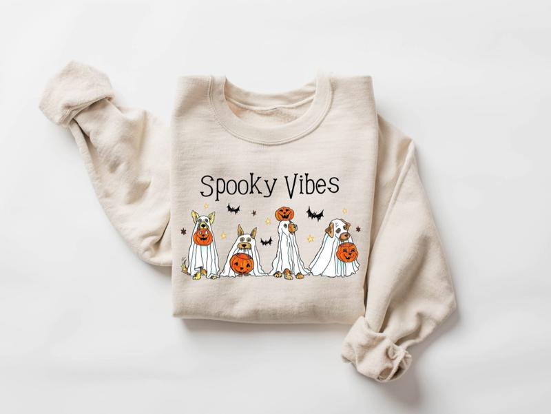 Halloween Ghost Dog Shirt - Sweatshirt - Hoodie, Happy Retro Spooky Vibes Season Graphic Tee, Retro Halloween Shirt, Full Color, For Men, For Women, C