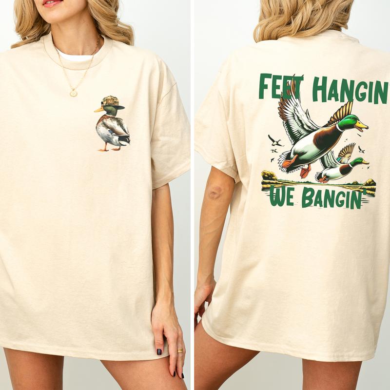 Camo Duck Hunt Feet Hangin We Bangin 2-Sided Graphic Shirt, Mallard Hunting Tops for Men, Unisex Hunter Tshirt, Soft Cotton Fabric Casual Womenswear