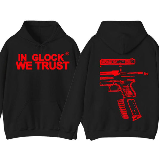 IN GLOCK WE TRUST 2 side Hoodie,Design color Red, Hoodie For Men, Menswear Top , GIft For Men,Full color,Hoodie & sweaters