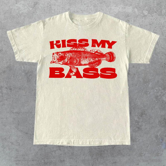 Kiss My Bass Vintage Style Fishing T-Shirt, Retro Fisher T Shirt, Fisher Gear, Fisher Graphic Shirt, Adult Unisex Relaxed Cotton Shirt - Red Design Li