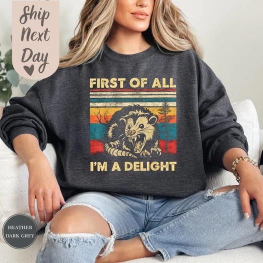 First Of All I'm A Delight Sweatshirt, Angry Possum Sweatshirt, Sarcastic Sweatshirt, Possum Lover Gift, Funny Animal Sweat, Meme Sweatshirt