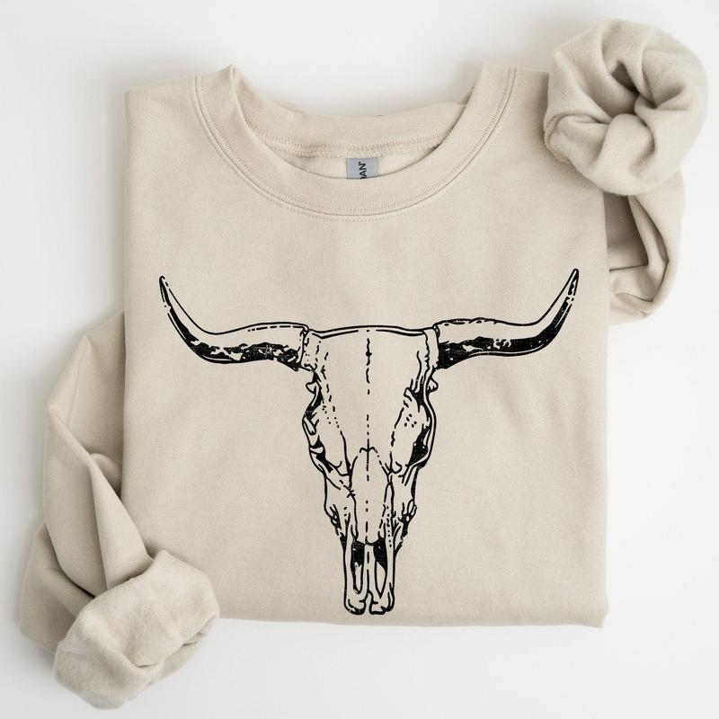 Long Horn, Cow Skull, Rodeo, Cowboy Sweatshirt Casual Comfort Womenswear ComfortableÂ Graphic
