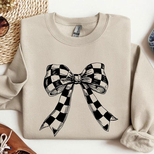 Coquette Checkered Black Bow Sweatshirt, Coquette Bow Sweater, Gift for Women