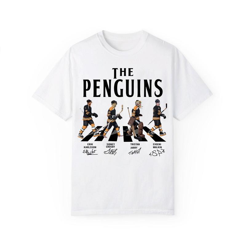 Penguins Walking Abbey Road Signatures Ice Hockey tshirt Menswear T-Shirt Classic Cotton Fabric Jersey Top Collar