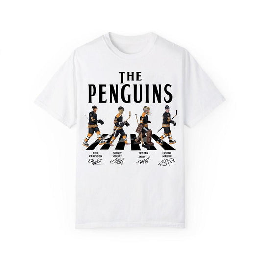 Penguins Walking Abbey Road Signatures Ice Hockey tshirt Menswear T-Shirt Classic Cotton Fabric Jersey Top Collar