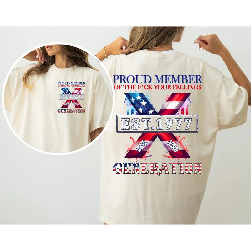 Custom Year Est.1977 Proud Member Generation Flag Gen X 2 Side T-shirt, Gen X Shirt, Generation 1965-1980 Shirt