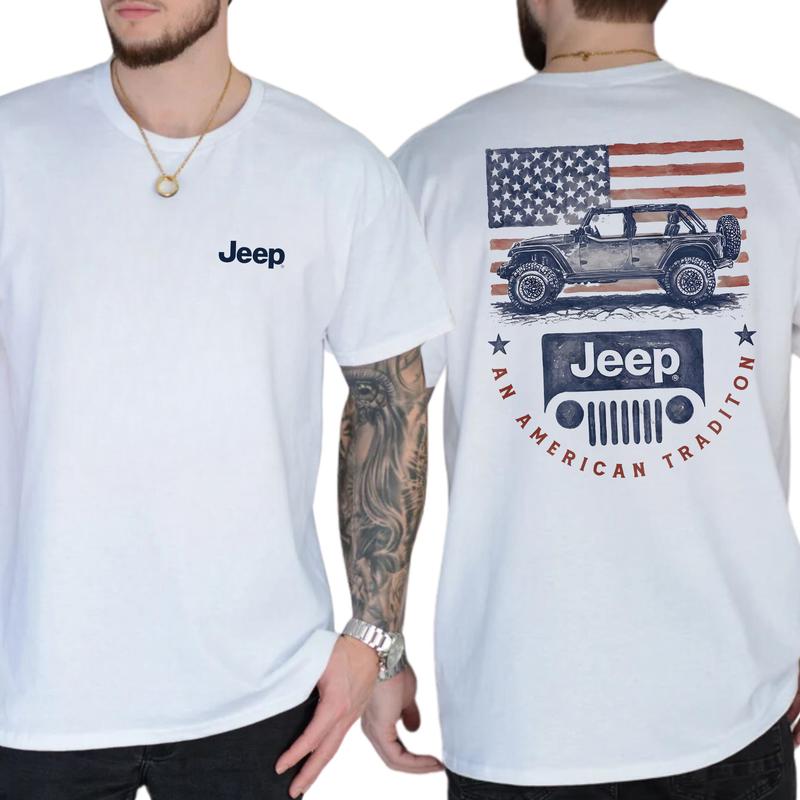 Vintage American Flag Jeep Car 2-Sided Shirt for Men, Men's Patriotic USA Flag Tee, Car Enthusiast Gift Ideas, Classic Menswear, Cotton Tops