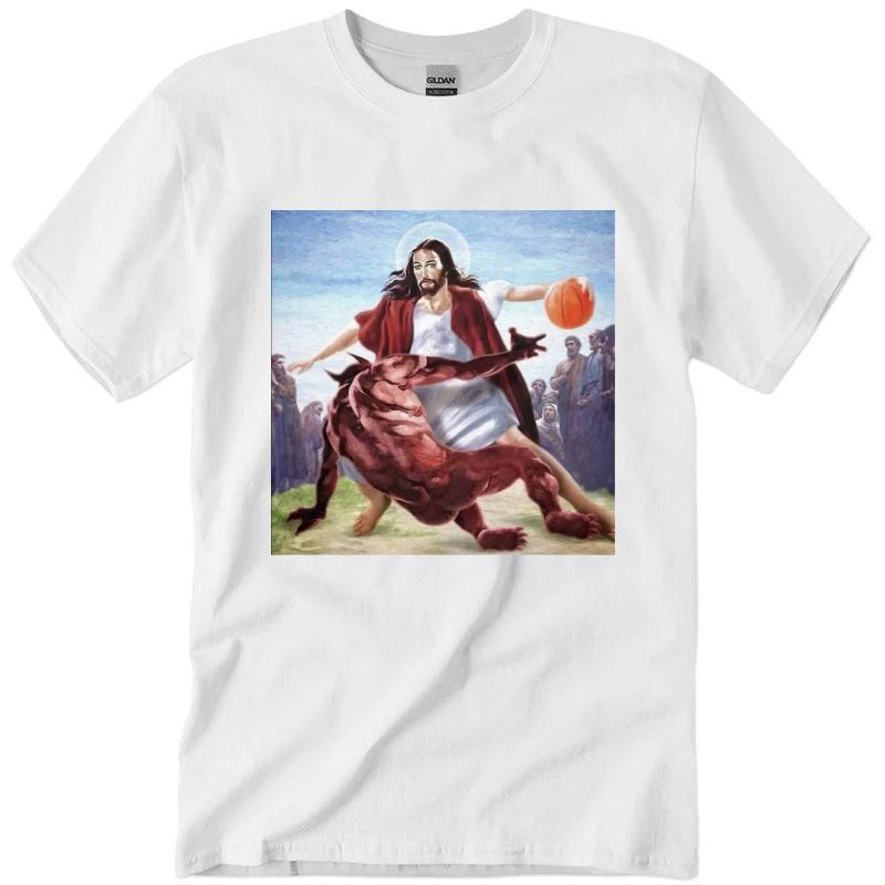 Jesus Crossing Up The Devil T-Shirt, Jesus Basketball Shirt Unisex Classic Cotton Collar Fabric
