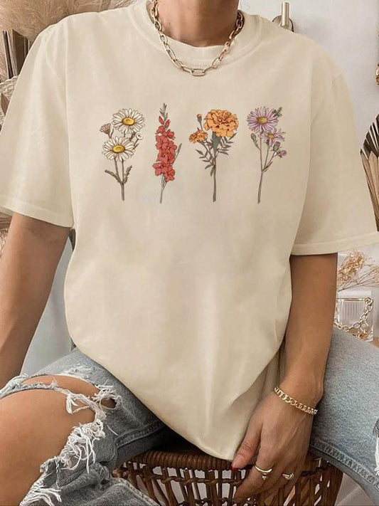 Women's Floral Print Round Neck Tee, Trendy Casual Drop Shoulder Short Sleeve T-shirt for Daily Wear, Graphic Tees, Ladies Summer Outfit
