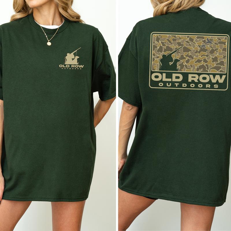 Vintage 80s Old Row Outdoors Hunting Camo 2-Sided Shirt, Retro Hunting T-Shirt, Dog Hunt Tshirt, Unisex Hunter Tops, Women's Top, Casual Womenswear