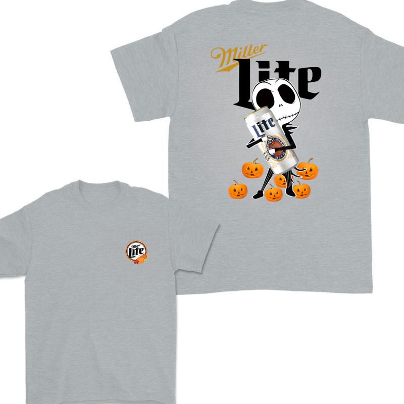 Jack Hug Miller Lite Skellington Halloween 2 Sides T-shirt, Skeleton Miller Lite T-shirt Full Color, Miller Lite Halloween T-shirt For Men And Women