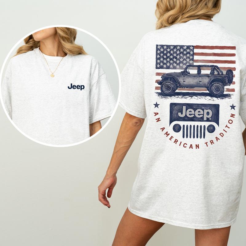 Vintage Jeep American Tradition 2-Sided Shirt for Women and Men, Patriotic USA Flag Tshirt, Car Enthusiast Tops, Cotton Fabric Tee, Casual Womenswear