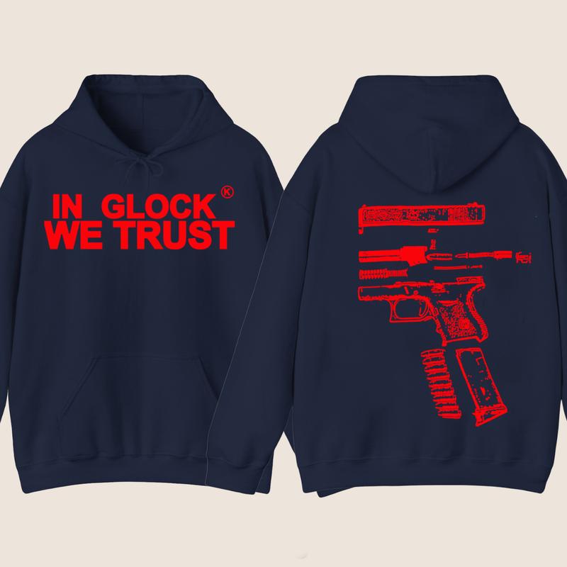 IN GLOCK WE TRUST 2 side Hoodie,Design color Red, Hoodie For Men, Menswear Top , GIft For Men,Full color,Hoodie & sweaters