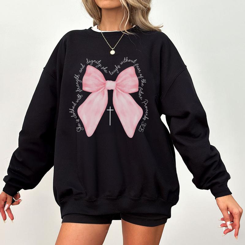 Coquette Christian Shirt, Proverbs She is Clothed with Strength Coquette Bow T-Shirt, Christian Sweatshirt, Christian Shirts For Women, Coquette Bible
