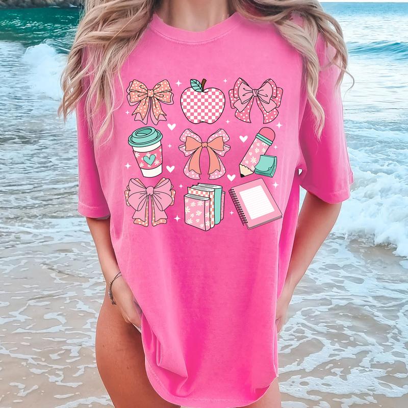 Coquette Bow Teacher Shirt, Pink Bow Aesthetic Shirt, Book Lover Shirt, Girlie Coquette Bow, Bookworm Shirt, School Librarian Shirt Casual Comfort Cot