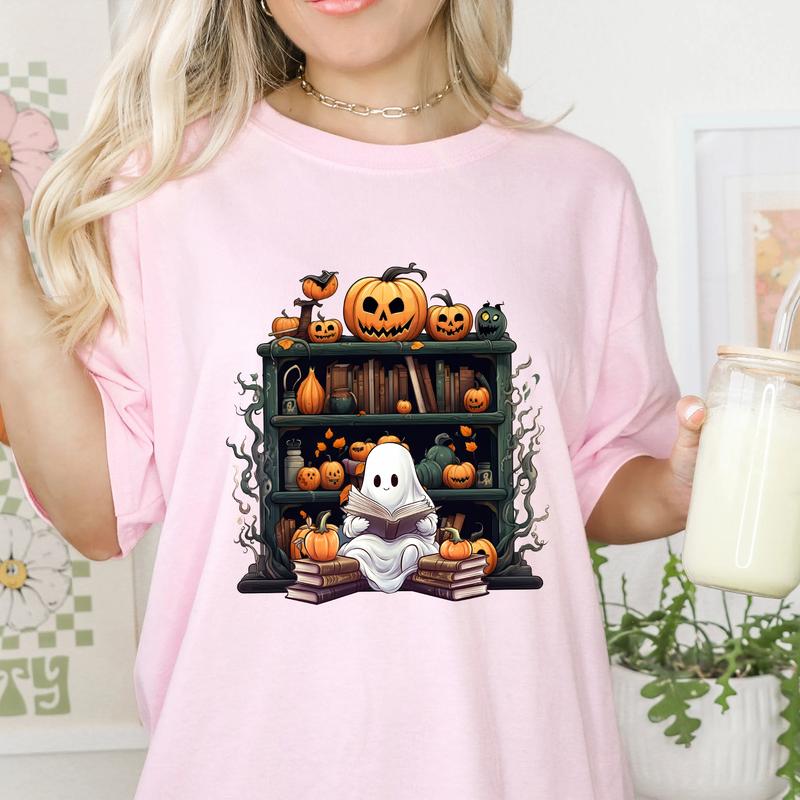Ghost Book Reader Comfort Shirt, Reading Ghost Shirt, Bookish Shirt, Book Lover Shirt, Halloween Ghost Shirt, Fall Shirt for Women Casual Cotton