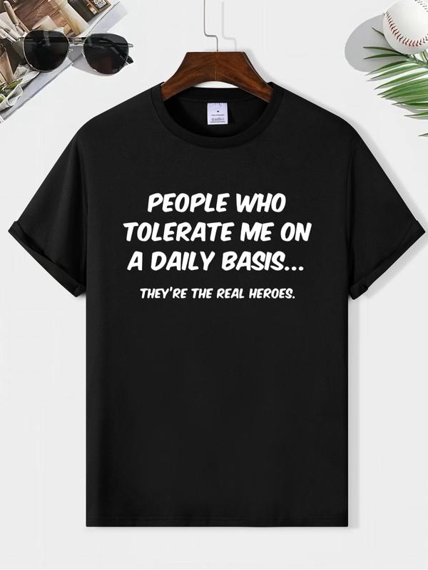 Men's Retro Letter Print Round Neck Tee, Summer Regular Fit Short Sleeve Crew, Outdoor Casual T-Shirt for Men, Comfortable Streetwear