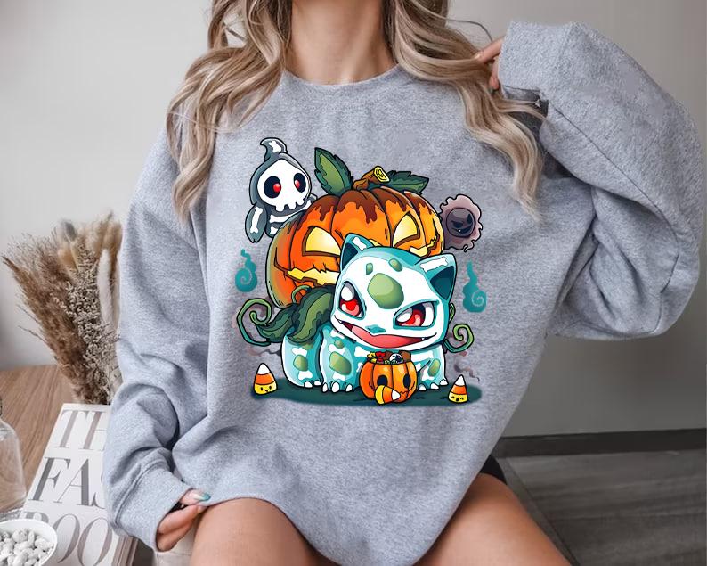 Bulbasaur Pumpkin Sweatshirt, Pokemon Pumpkin Sweatshirt, Halloween Sweatshirt, Spooky Pumpkin Monster Sweatshirt, Gengar Japan Anime Sweatshirt, Hand