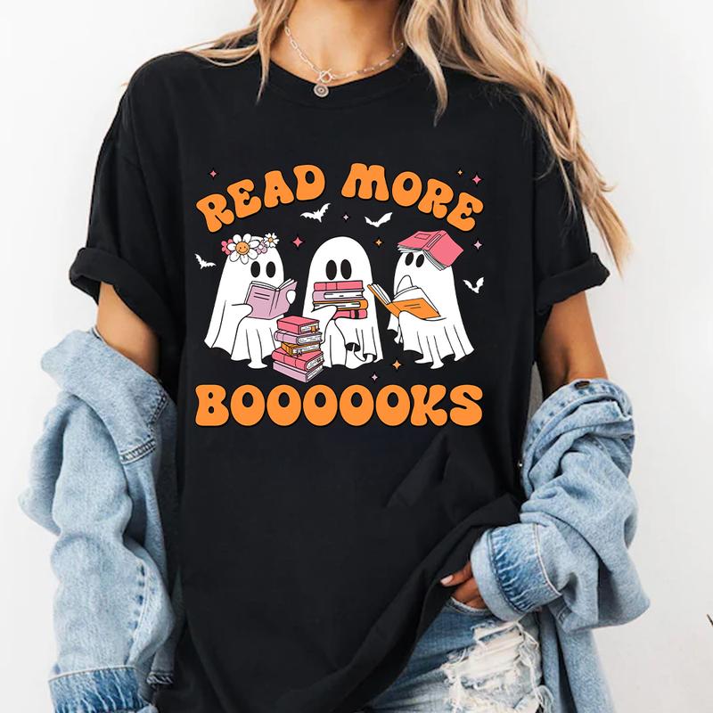 Ghost Book Reader Shirt, Retro Teacher Halloween Shirt, Read More Books Shirt, Funny Halloween Gift for Book Lover, Bookish Halloween Tee