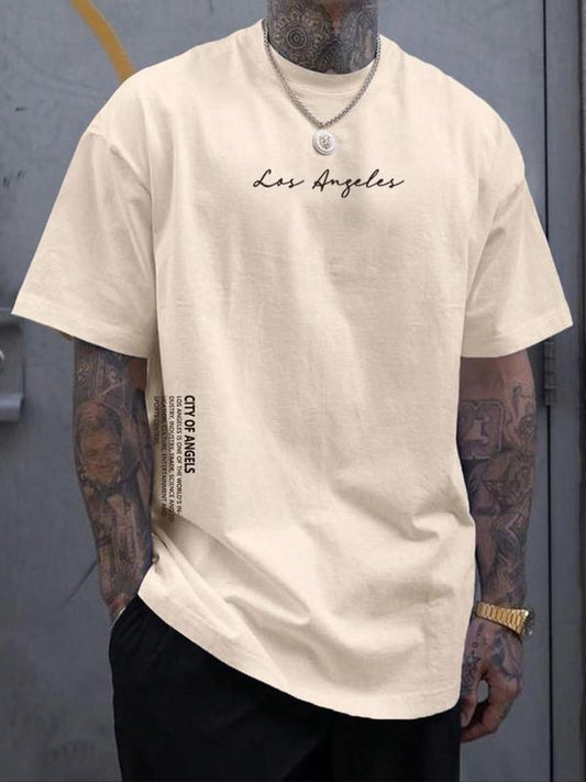 Men's Letter Print Drop Shoulder Tee, Summer Clothes, Regular Fit Casual Soft Comfy Streetwear Round Neck Short Sleeve T-Shirt for Summer, Graphic Tee