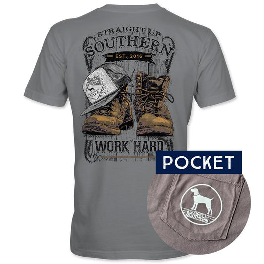 Work Hard - Vintage Work Boots and WORK HARD Pocket Tee - Grey