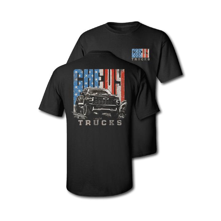 Chevy Trucks x American Flag Graphic T-Shirt – Cotton Casual Crewneck Fan Tee