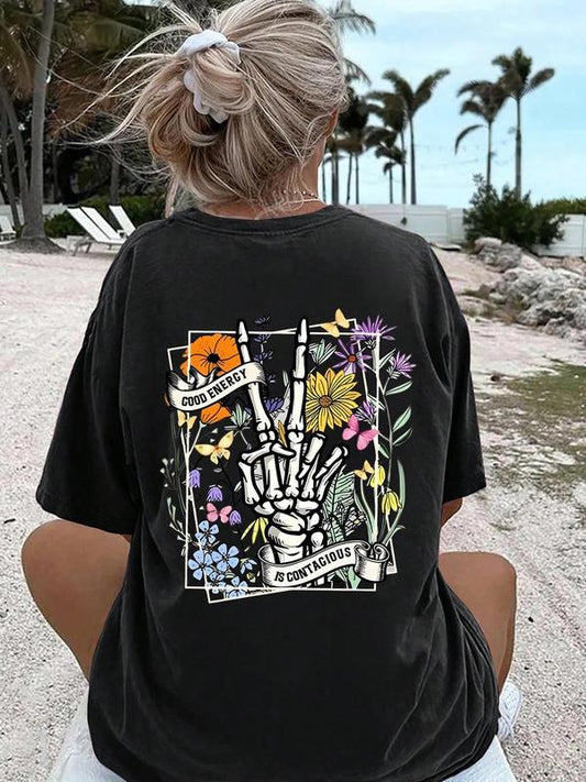 Women's Letter & Skull Print Drop Shoulder Tee,Â Back To School Outfits, Casual Round Neck Half Sleeve T-Shirt for Daily Vacation Outdoor, Ladies Summe