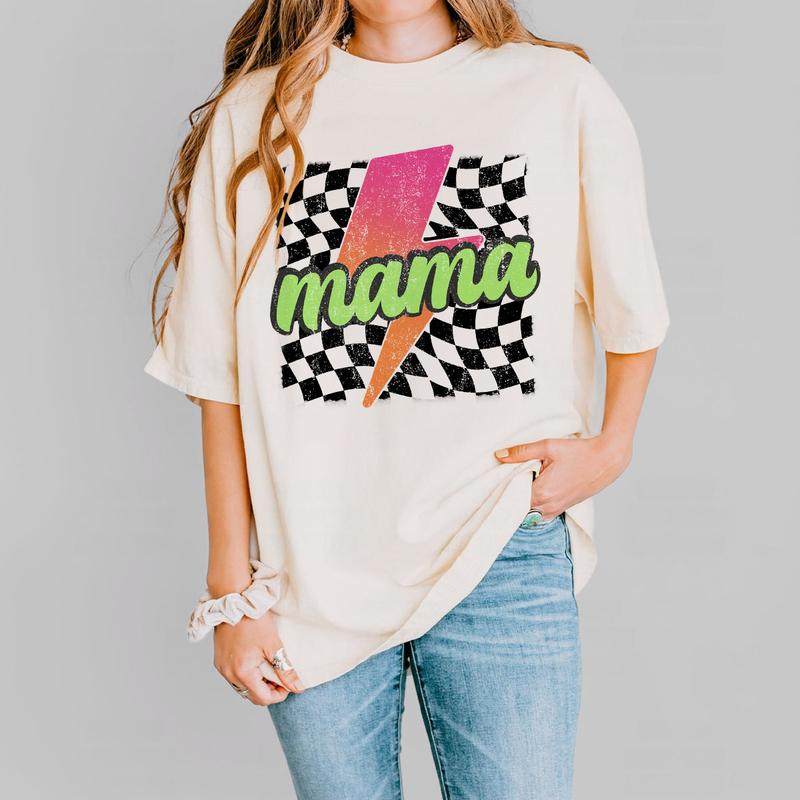 Neon Mama Shirt, Checkered Mama Shirt, Lightning Bolt Shirt, Mothers Day Gift, Retro Checkered Mom Tshirt, Mom Comfort Tee, Gift for Her, Retro Mama S