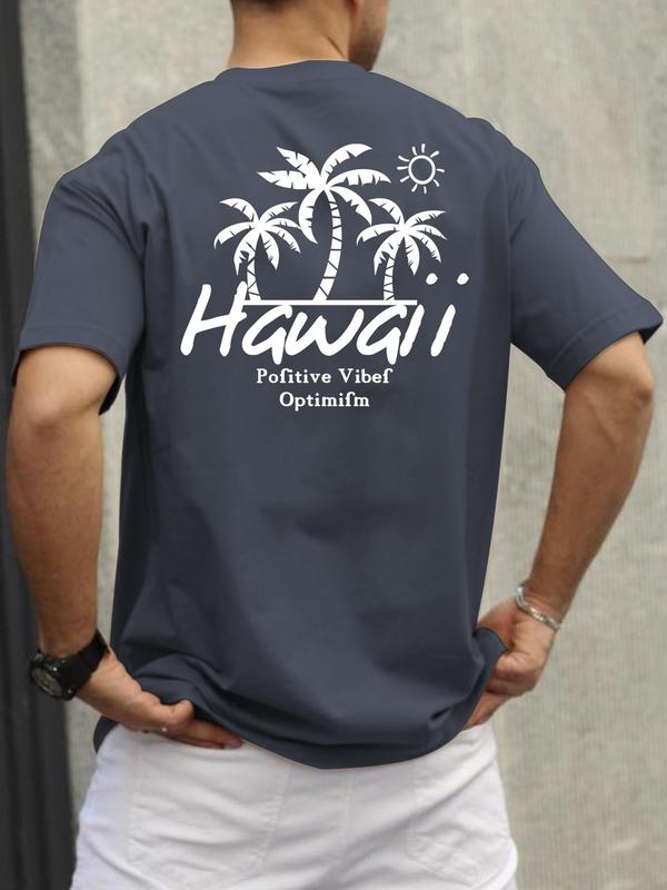 Men's Regular Fit Graphic Print Round Neck Knit Tee, Summer Clothes,Â StreetwearÂ Guys Hawaiian Tropical & Letter Graphic Short SleeveÂ CrewneckÂ T-Shirt,