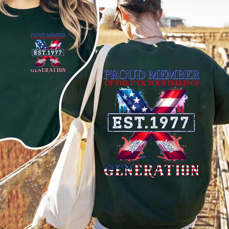 Custom Year Est.1977 Proud Member Generation Flag Gen X 2 Side T-shirt, Gen X Shirt, Generation 1965-1980 Shirt
