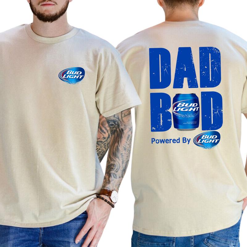 Bud Light Dad Bod Powered By Bud Light 2-Sided T-shirt for Men, Men's Beer Drinking Tees, Funny Drink Top for Daddy, Soft Cotton Classic Menswear