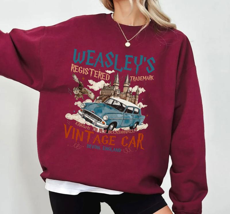 Vintage Wizard Flying Weasley Car Sweatshirt, Hogwarts HP Shirt, Bookish Shirt, Reading T Shirt