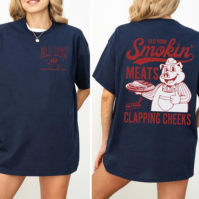 Old Row The Smokin Meats Graphic 2-Sided Shirt, Retro Pig Cooking T-Shirt, Smoking Meats Clapping Cheeks Tee, Comfy Cotton Clothing, Casual Womenswear