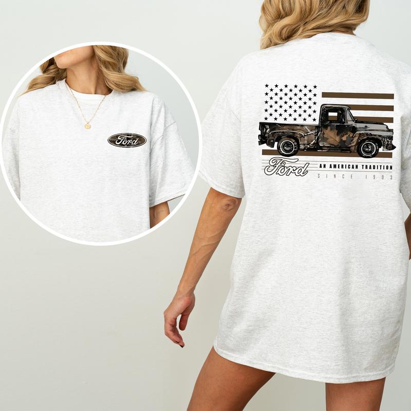 Vintage Camo Ford Truck 2-Sided Shirt for Women and Men, Retro American Flag Truck Tshirt, Car Lover Gifts Tops, Cotton Fabric Tee, Casual Womenswear