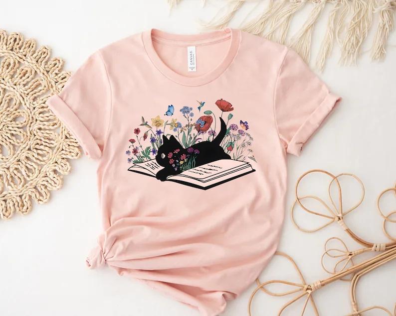 Floral Cat Shirt (5XL), Cat Lover T-shirt, Cat Book, Lover Gift, Gift for Her, Mom Gift, Cute , Fashion Tee Fashion Tee