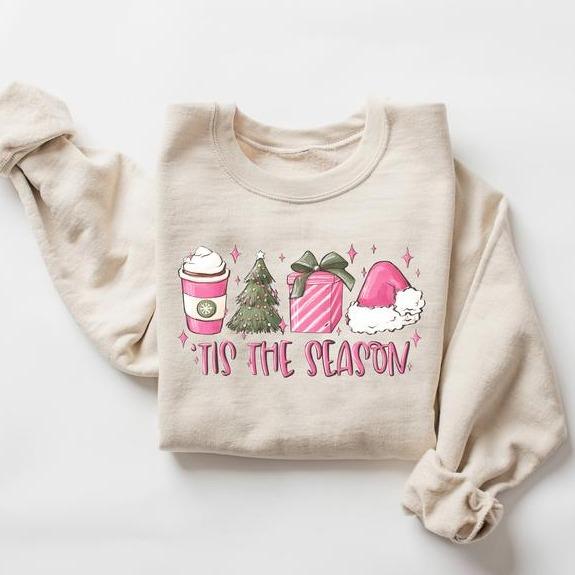 Cute Pink Christmas Sweatshirt, Tis the Season Pink Christmas Sweatshirt, Thanksgiving 2024, Shirt Christmas Coffee, Women's Pink Christmas Crewneck S