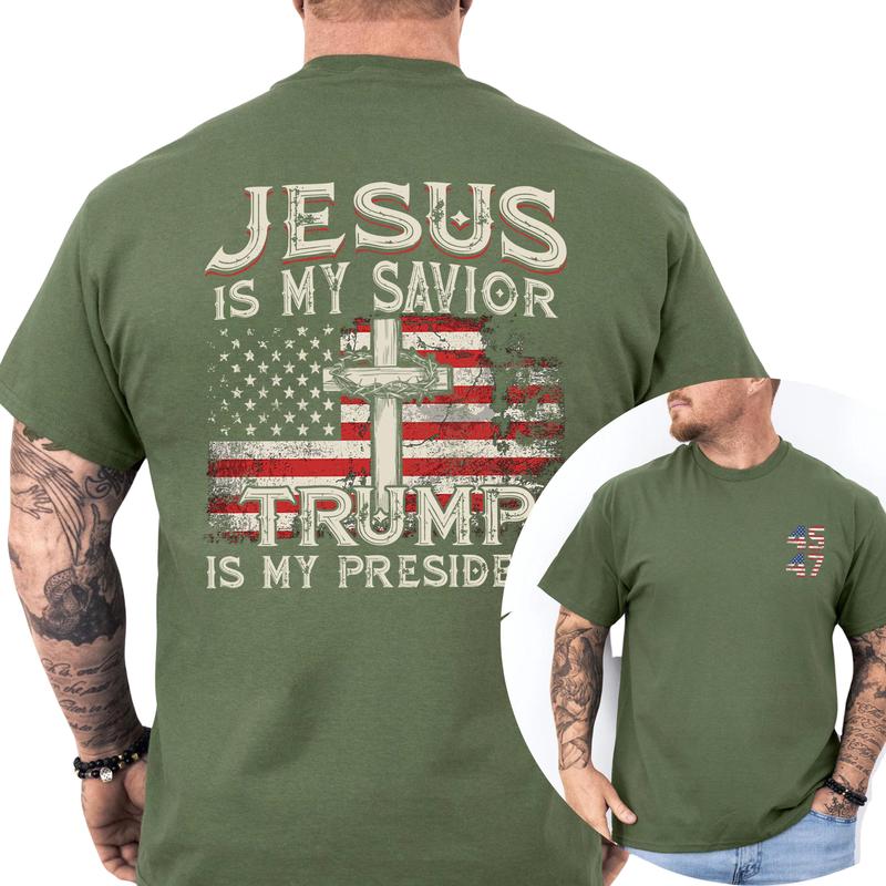 Jesus Is My Savior Trump Is My President T-Shirt, Patriotic Christian Shirts, Religious Political Statement Tee, American Flag Design