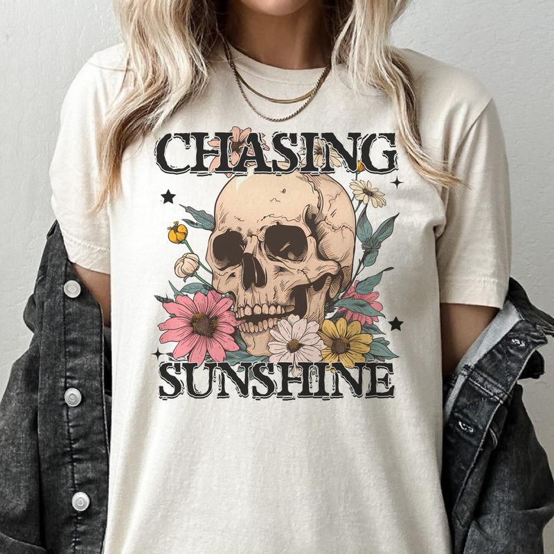 Skull Tee Sarcastic T-Shirt Floral Skeleton Tshirt Girly Skull Tops Floral Skull T-Shirt Short Sleeve Shirt Womens Casual Tee Trending Rocker Tee Craz