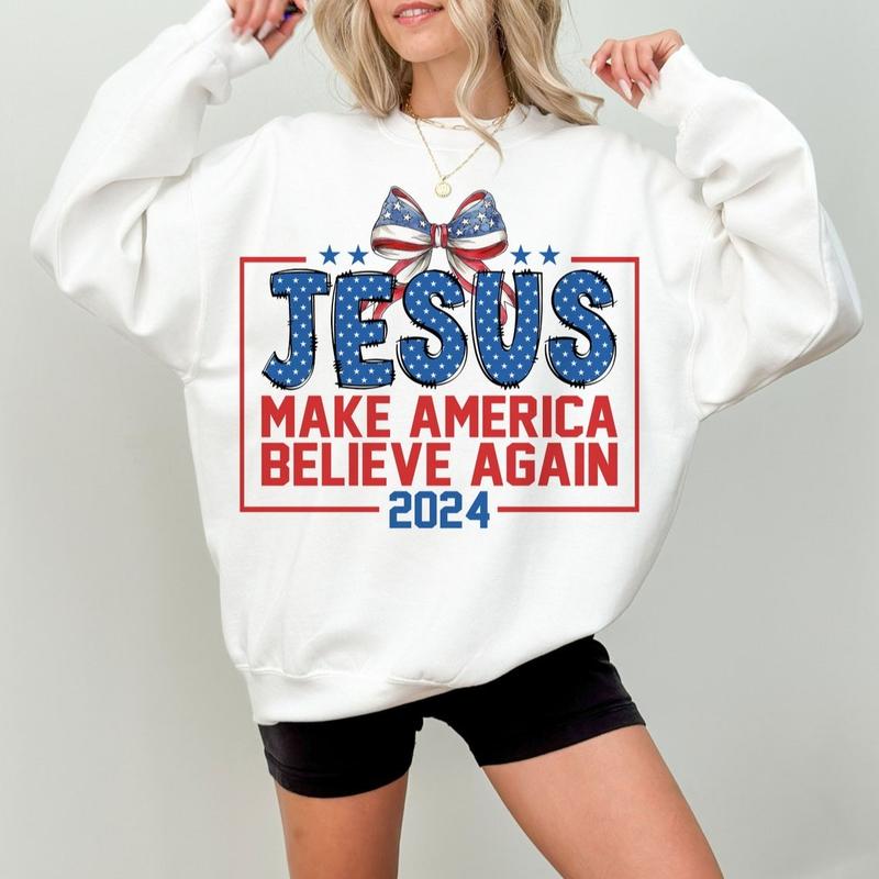 Coquette Jesus 2024 Make America Believe Again Crewneck Sweatshirt, Girly Jesus Christian Bible Verse God Believers Unisex Shirt