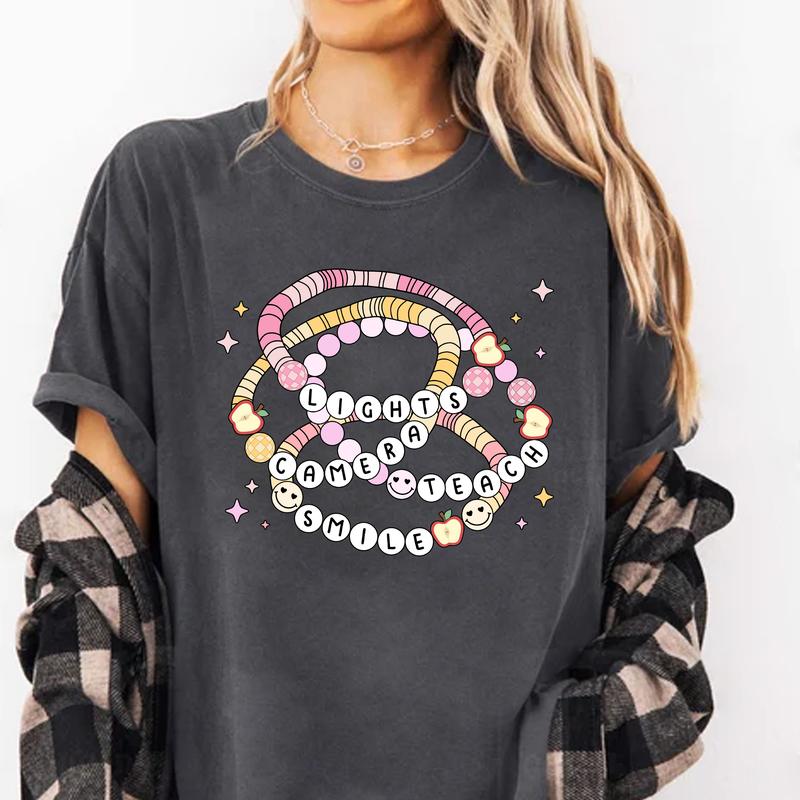 Lights Camera Teach Smile, Teacher Shirt, Back To School Clothing, Groovy Teacher Shirt, Teacher Friendship Bracelet Shirt, First Day Of School, Teach