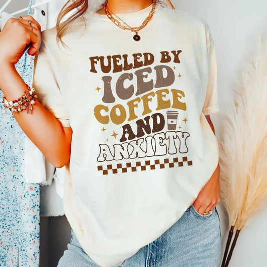 Fueled By Iced Coffee And Society Shirt, Mom Iced Coffee T-shirt, Mama Anxiety Graphic Printed Tee, Overstimulated Mom Soft Fabric Short Sleeve Tee Sh