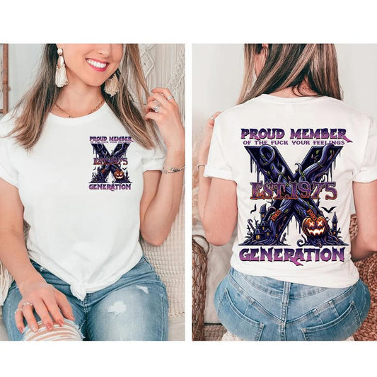 Custom Year Est.1975 Halloween GenerationX 2 Side Shirt, Halloween Pumpkin Proud Member GenX T-shirt, Generation X T-shirt