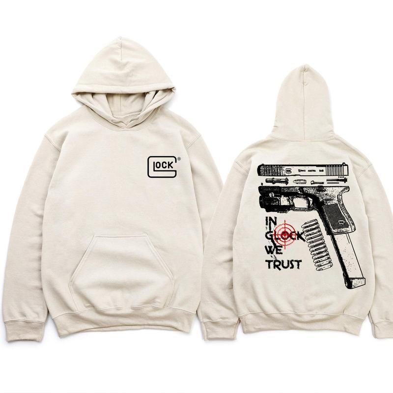 In Glock We Trust Standard size Sand Hoodie with Multicolor Design for Men and Women - Classic Fit - Menswear