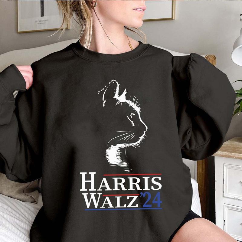 Harris Walz 2024 Cat Shirt, Kamala Harris SweatShirt, Tim Walz Shirt, Harris 2024 Shirt Top Womenswear Print T-Shirt