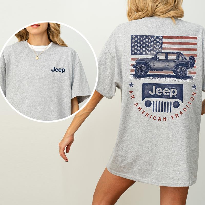 Vintage Jeep American Tradition 2-Sided Shirt for Women and Men, Patriotic USA Flag Tshirt, Car Enthusiast Tops, Cotton Fabric Tee, Casual Womenswear